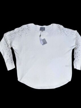 LIV Milano Sweater Womens Medium Embellished Ivory Rhinestones Cutout Sleeves